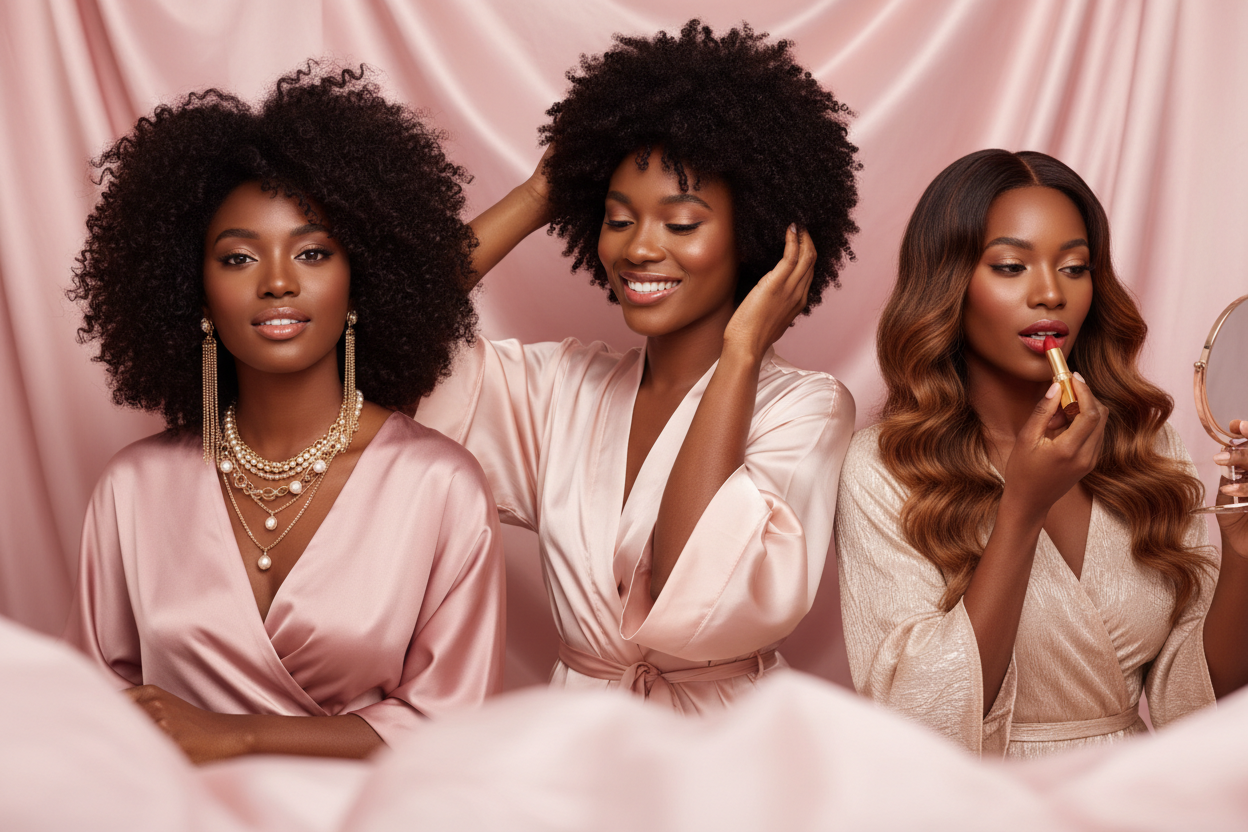 trois femmes, une cheveux bouclees, une cheveux crepus, une cheveux ondulée fond roses satinee poudré, une avec des bijoux, une qui se coiffe et une qui met du rouge à lèvre